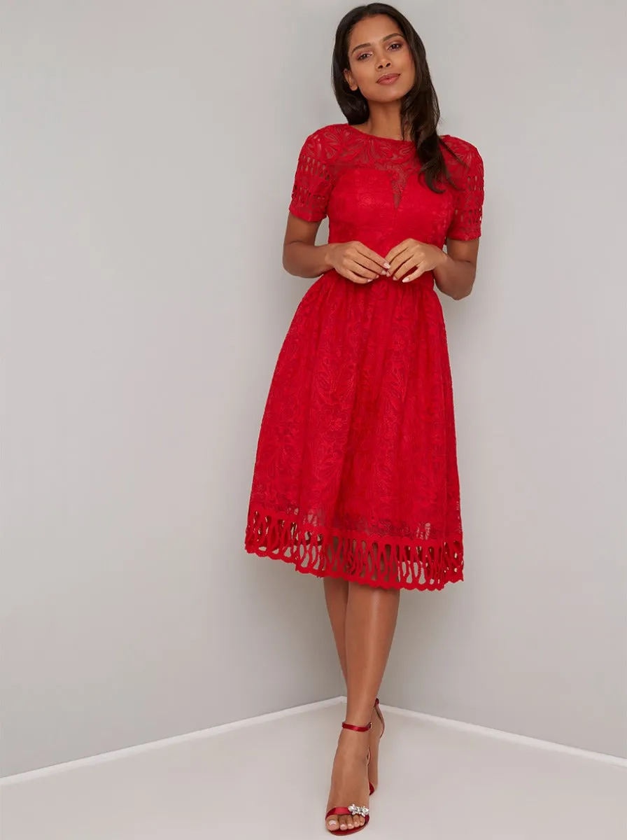 Crochet Lace Short Sleeved Midi Dress in Red sold by Chi Chi London