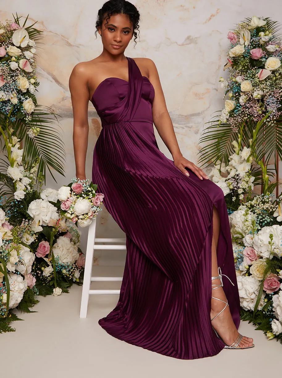 Pleated Satin One Shoulder Maxi Dress in Berry sold by Chi Chi London product image thumbnail 3