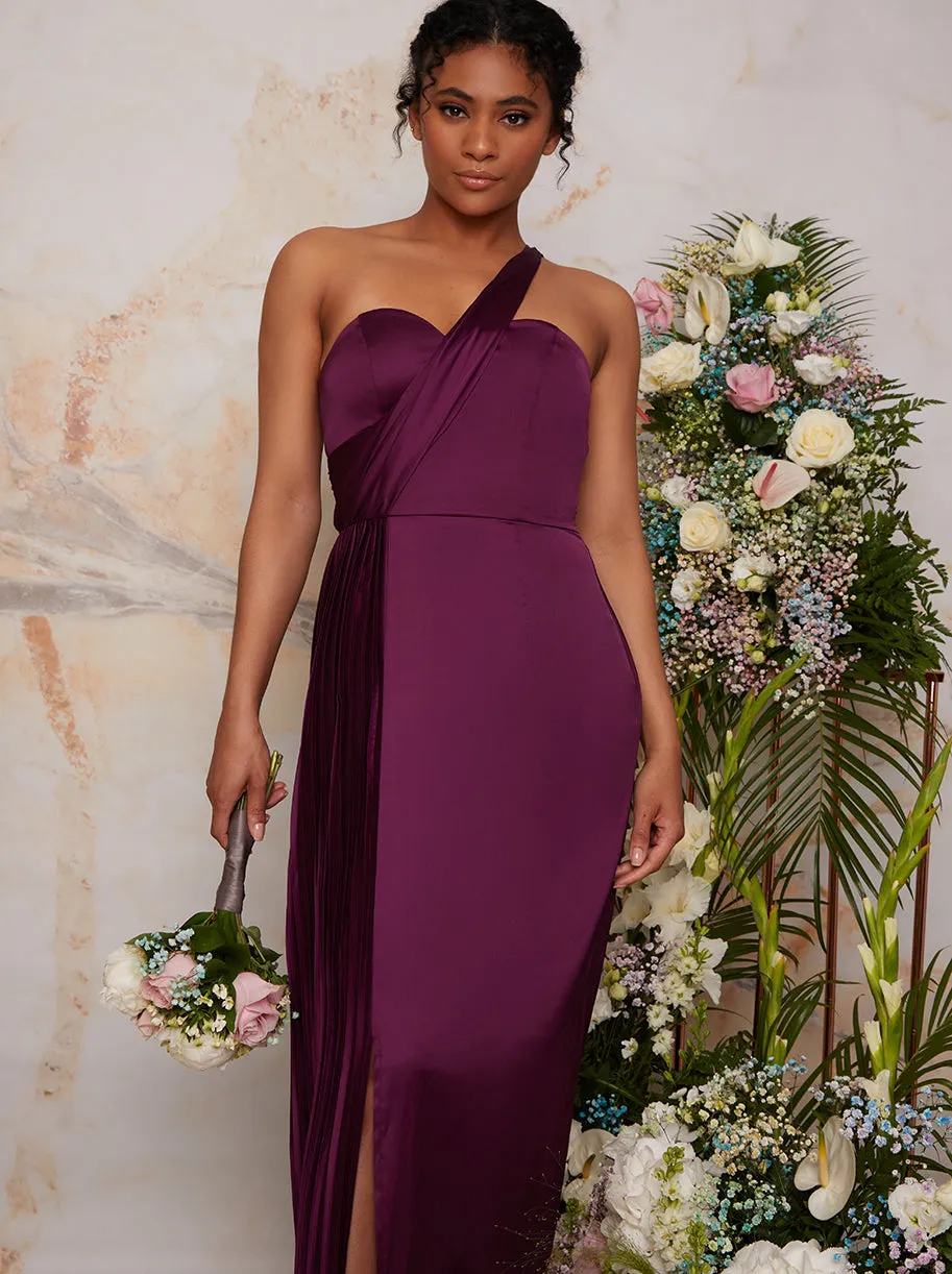 Pleated Satin One Shoulder Maxi Dress in Berry sold by Chi Chi London product image thumbnail 2