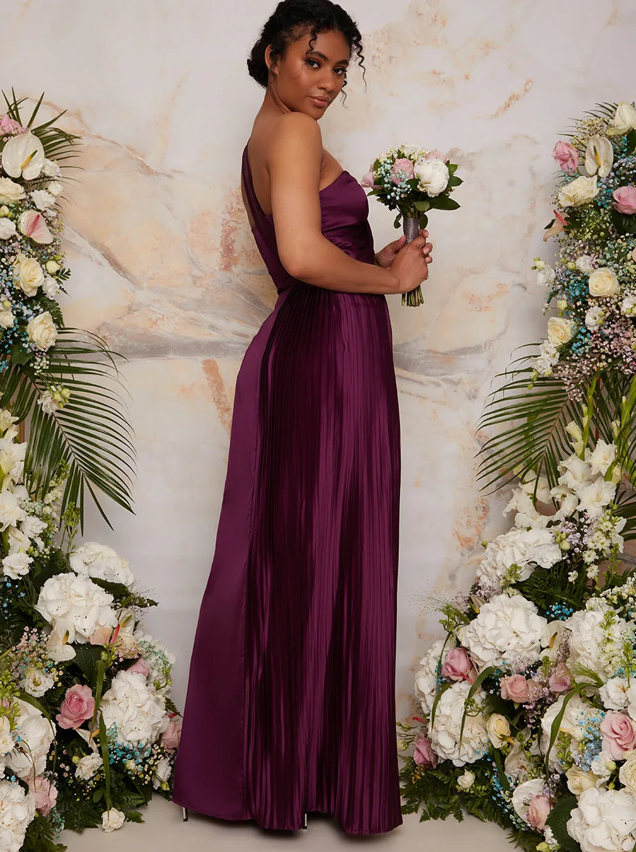 Pleated Satin One Shoulder Maxi Dress in Berry sold by Chi Chi London product image thumbnail 4