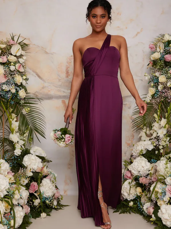 Pleated Satin One Shoulder Maxi Dress in Berry sold by Chi Chi London