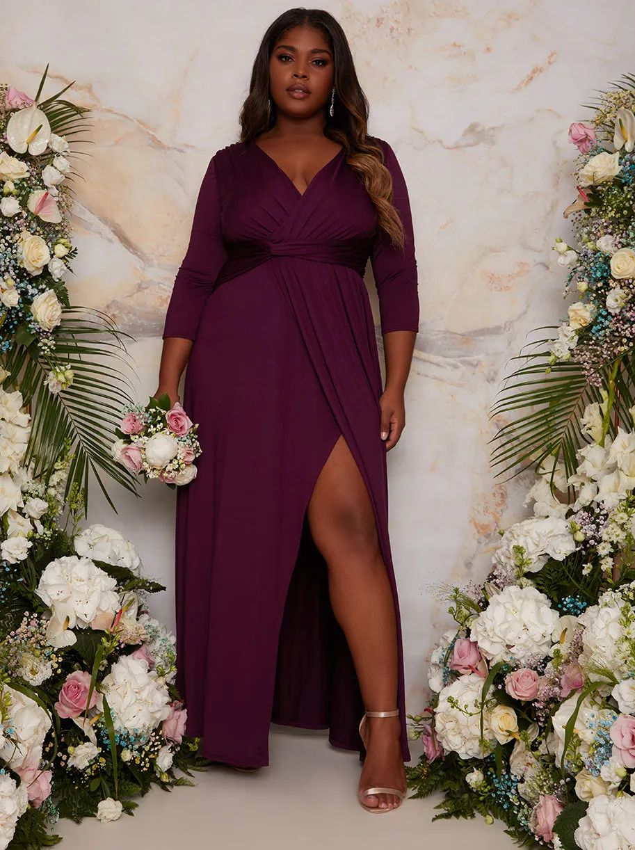 Plus Size Long Sleeve V Neck Bridesmaid Maxi Dress with Thigh Split in Berry sold by Chi Chi London product image thumbnail 4
