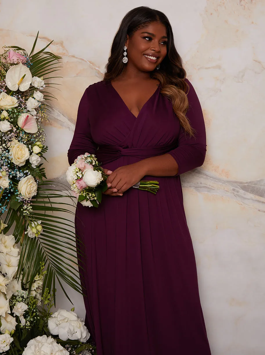 Plus Size Long Sleeve V Neck Bridesmaid Maxi Dress with Thigh Split in Berry sold by Chi Chi London product image thumbnail 3