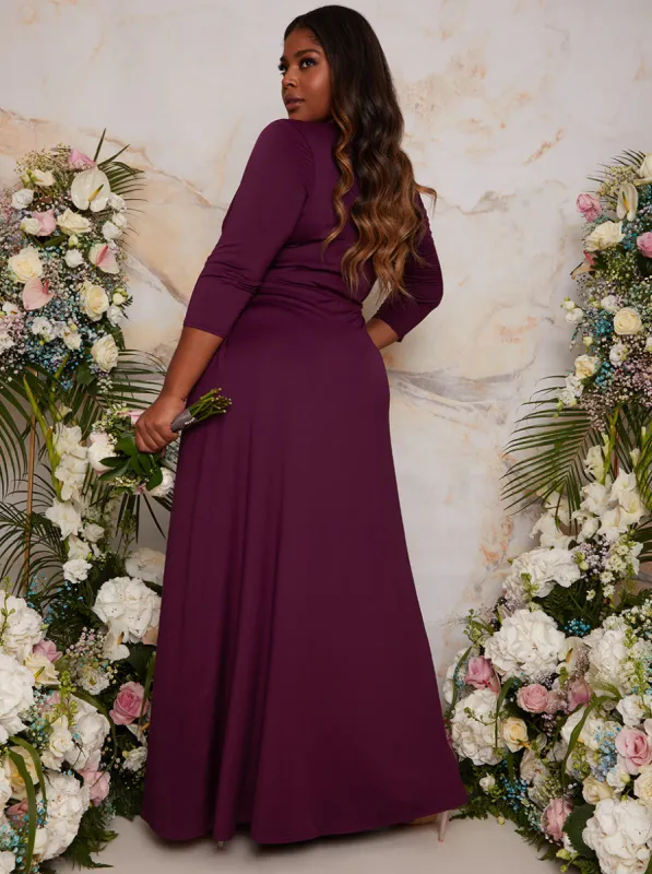 Plus Size Long Sleeve V Neck Bridesmaid Maxi Dress with Thigh Split in Berry made by Chi Chi London