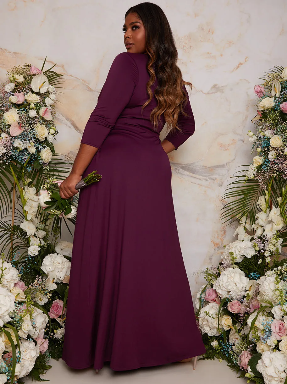 Plus Size Long Sleeve V Neck Bridesmaid Maxi Dress with Thigh Split in Berry sold by Chi Chi London