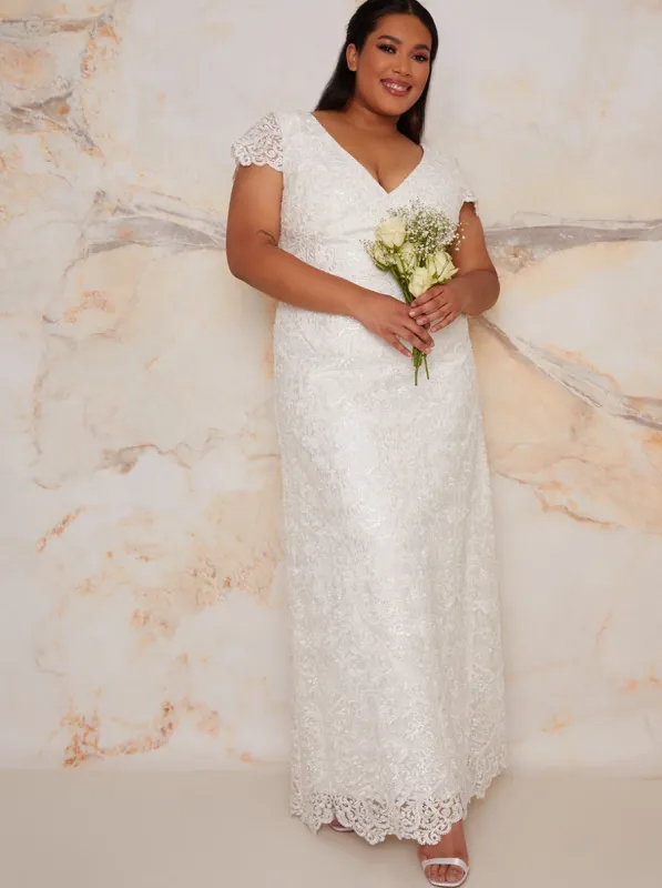 Plus Size Bridal Lace Maxi Wedding Dress in White made by Chi Chi London