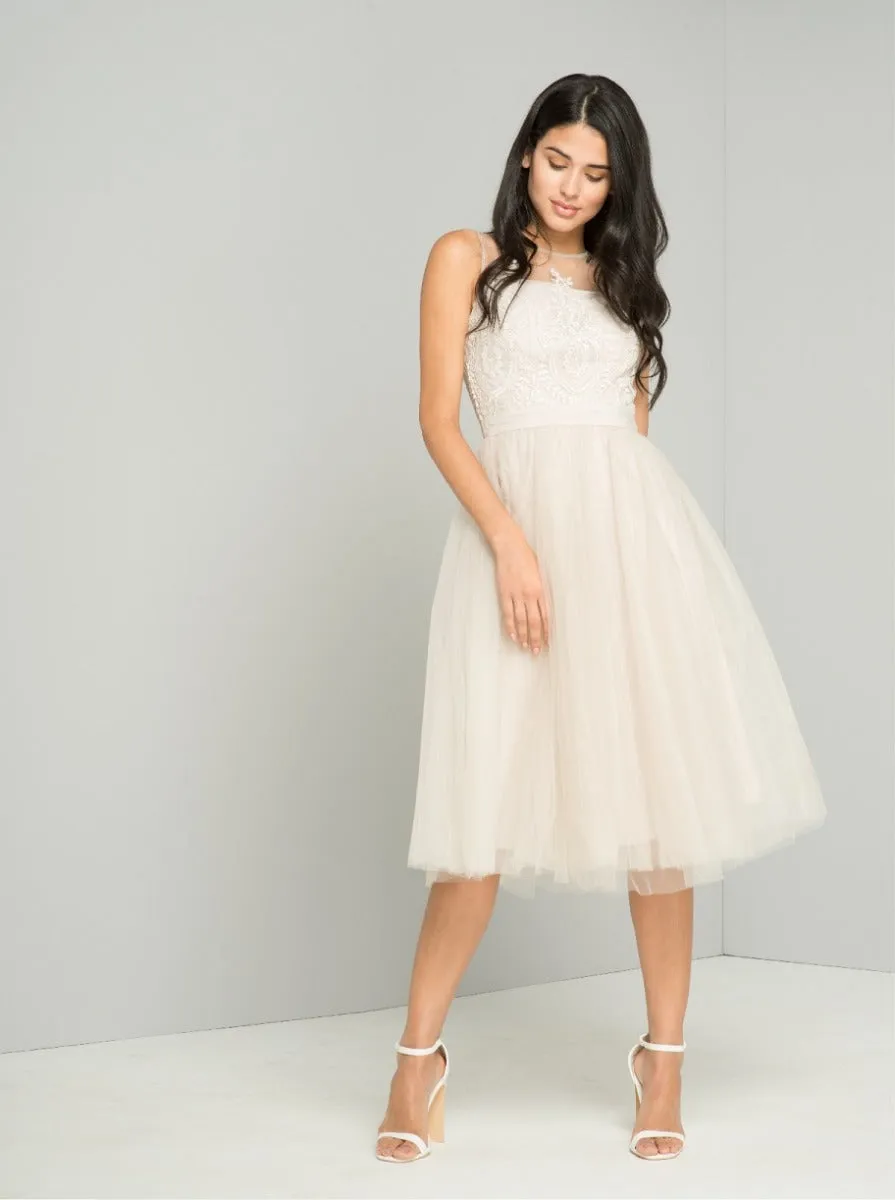 Embroidered Lace Tulle Midi Dress in Grey sold by Chi Chi London