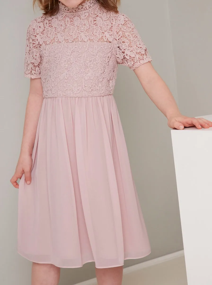 Girls Lace Sleeved Chiffon Midi Dress in Pink sold by Chi Chi London product image thumbnail 2