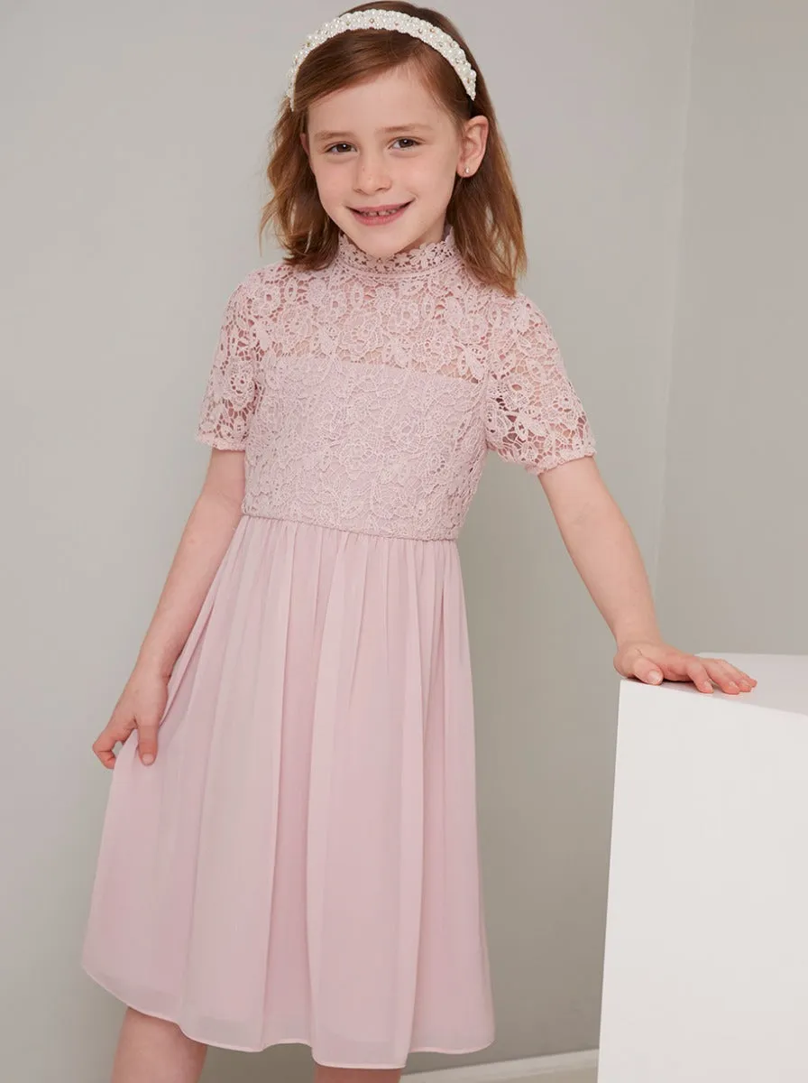 Girls Lace Sleeved Chiffon Midi Dress in Pink sold by Chi Chi London product image thumbnail 3