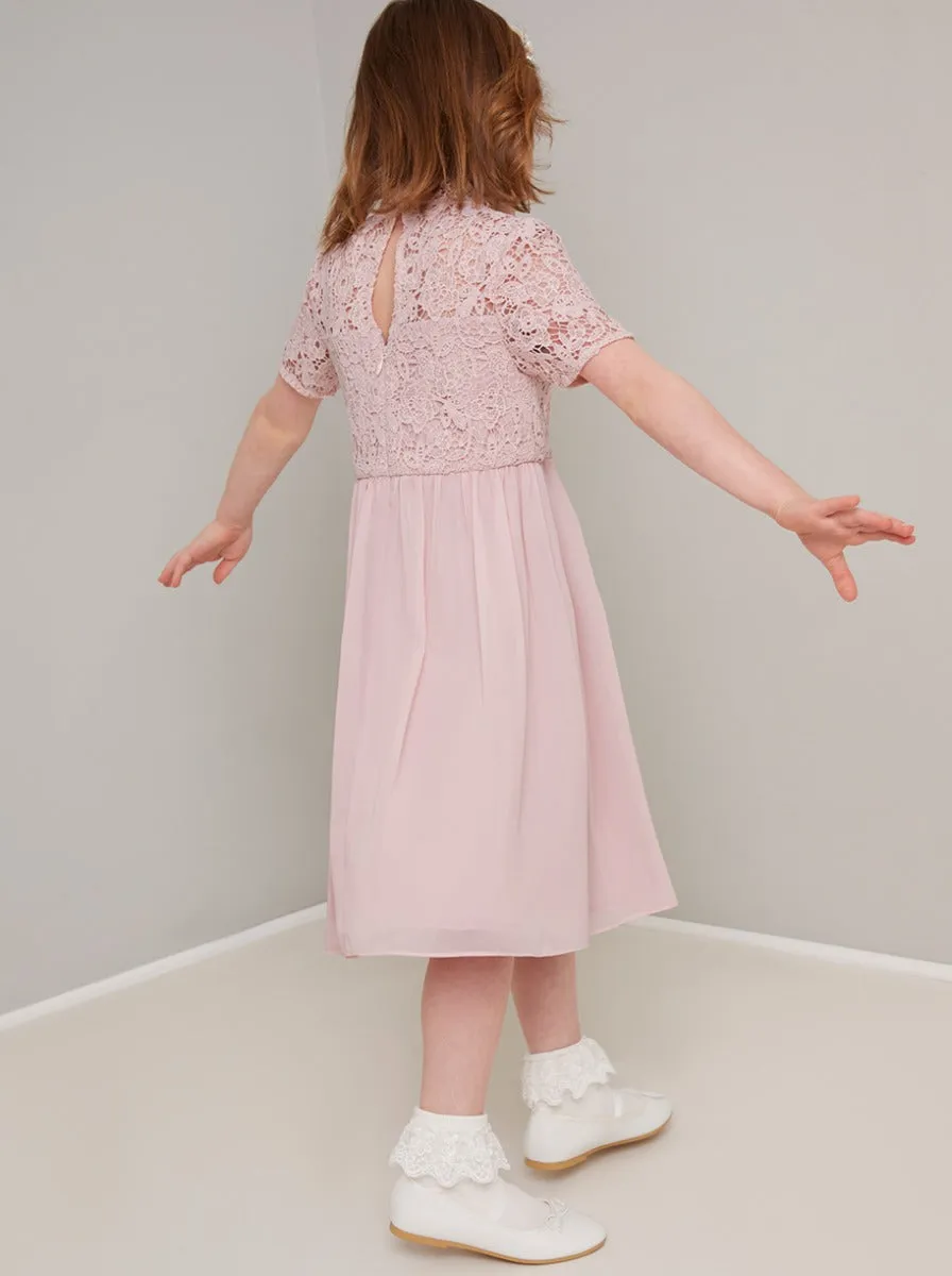 Girls Lace Sleeved Chiffon Midi Dress in Pink sold by Chi Chi London product image thumbnail 4