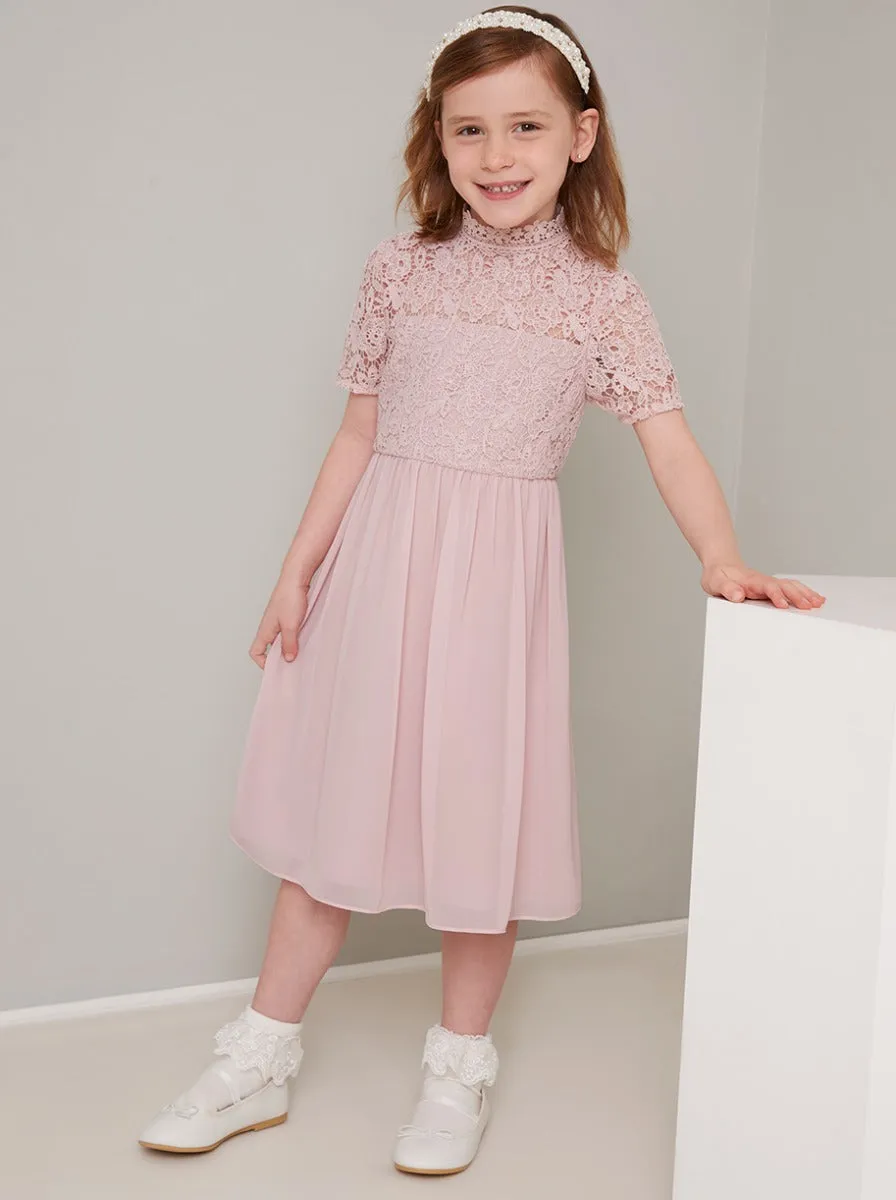 Girls Lace Sleeved Chiffon Midi Dress in Pink sold by Chi Chi London