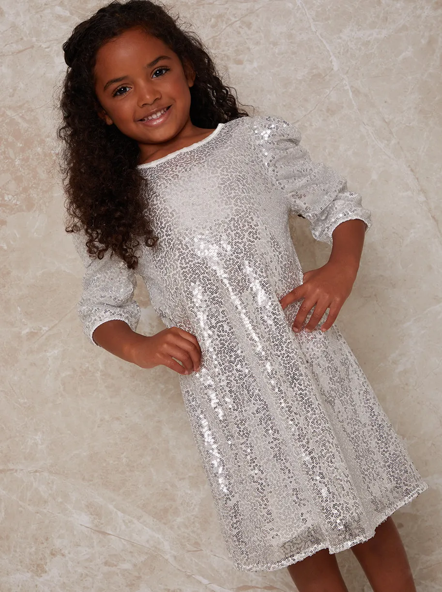 Girls Ruched. Sleeve Sequin Midi Dress in Silver sold by Chi Chi London