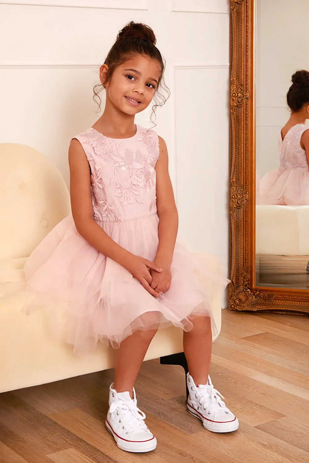 Girls Floral Embroidered Tiered Midi Dress in Pink sold by Chi Chi London product image thumbnail 5