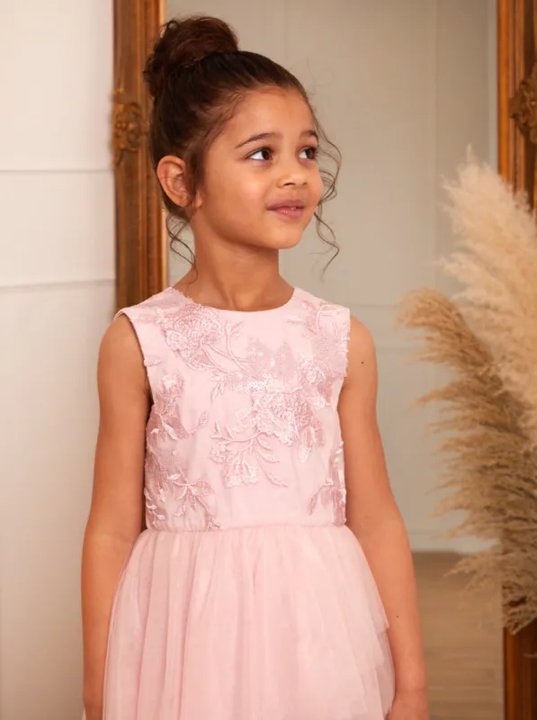 Girls Floral Embroidered Tiered Midi Dress in Pink sold by Chi Chi London