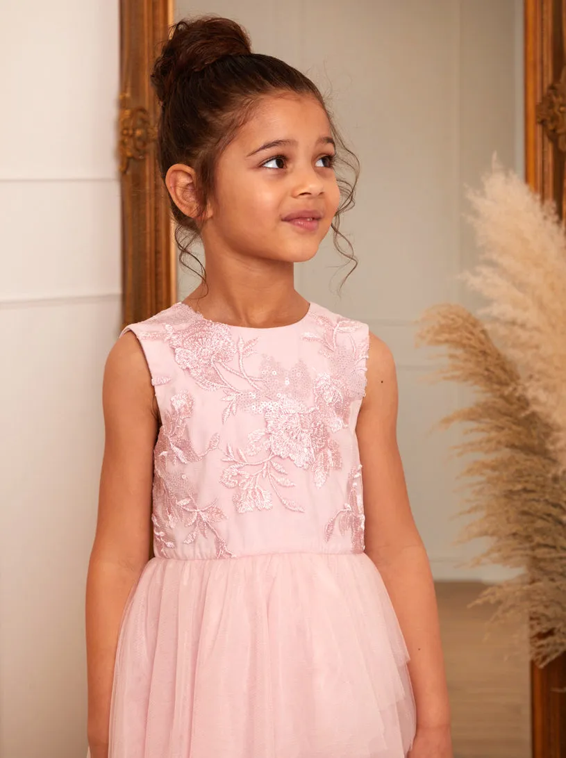 Girls Floral Embroidered Tiered Midi Dress in Pink sold by Chi Chi London