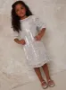 Girls Ruched. Sleeve Sequin Midi Dress in Silver sold by Chi Chi London