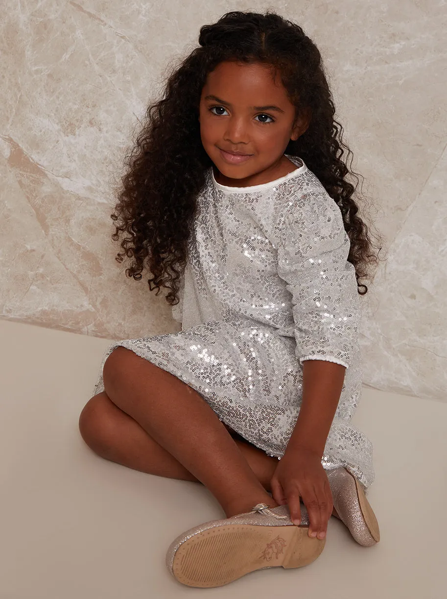 Girls Ruched. Sleeve Sequin Midi Dress in Silver sold by Chi Chi London product image thumbnail 3
