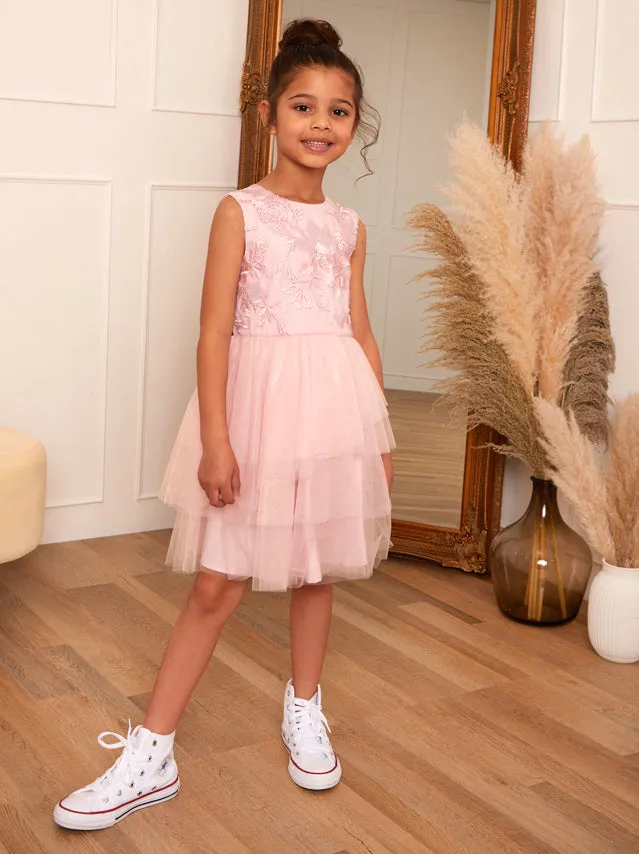 Girls Floral Embroidered Tiered Midi Dress in Pink sold by Chi Chi London product image thumbnail 4