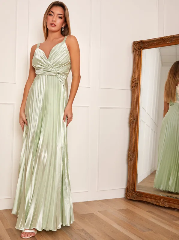 Satin Cami Strap Pleated Maxi Dress in Mint sold by Chi Chi London