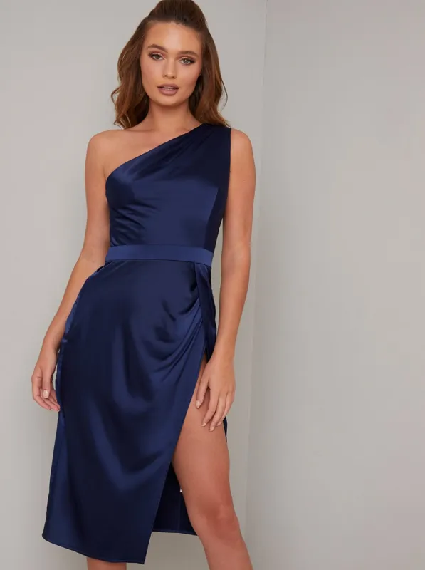 Tall One Shoulder Thigh Split Midi Dress in Blue sold by Chi Chi London