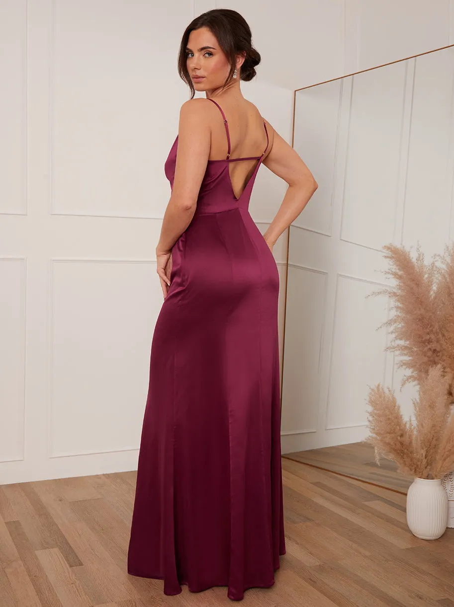 Petite Cowl Neck Satin Maxi Dress in Wine sold by Chi Chi London