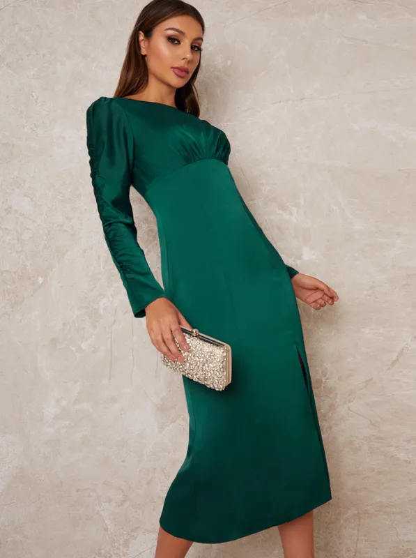 Slip Style Long Puff Sleeve Midi Dress in Green sold by Chi Chi London