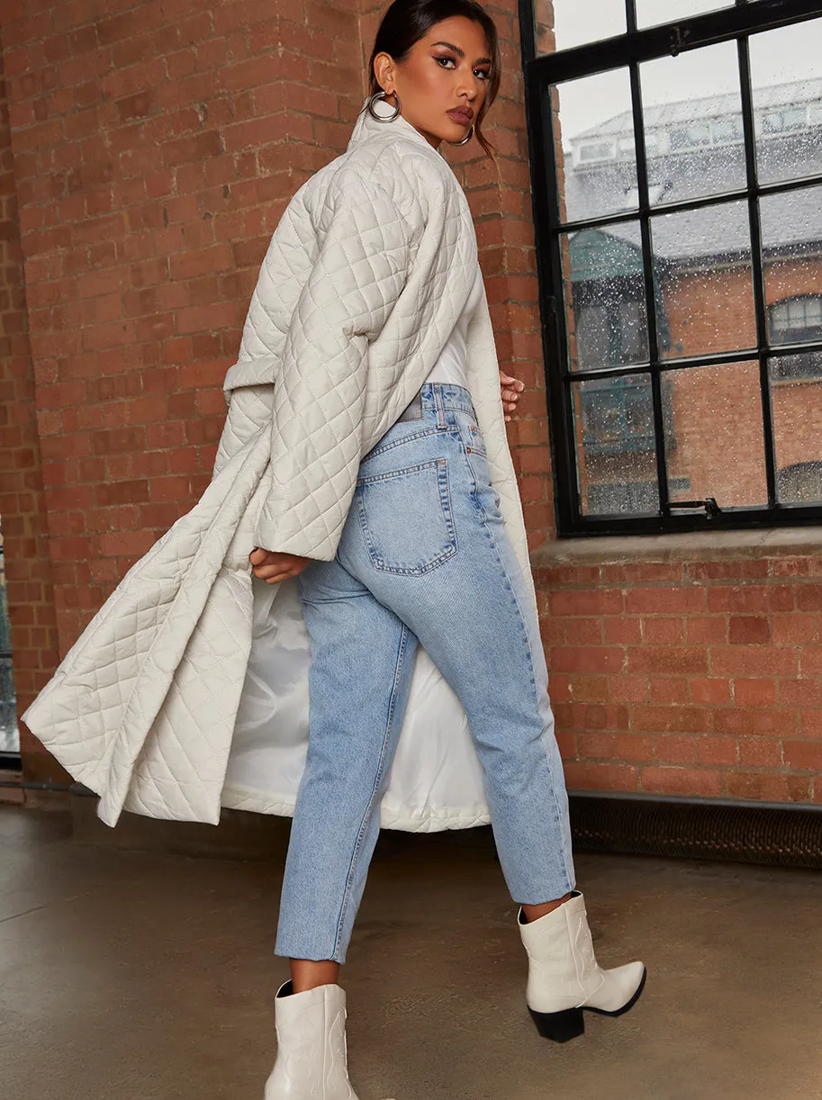 Diamond Quilted Longline Belted Coat in Cream sold by Chi Chi London product image thumbnail 4