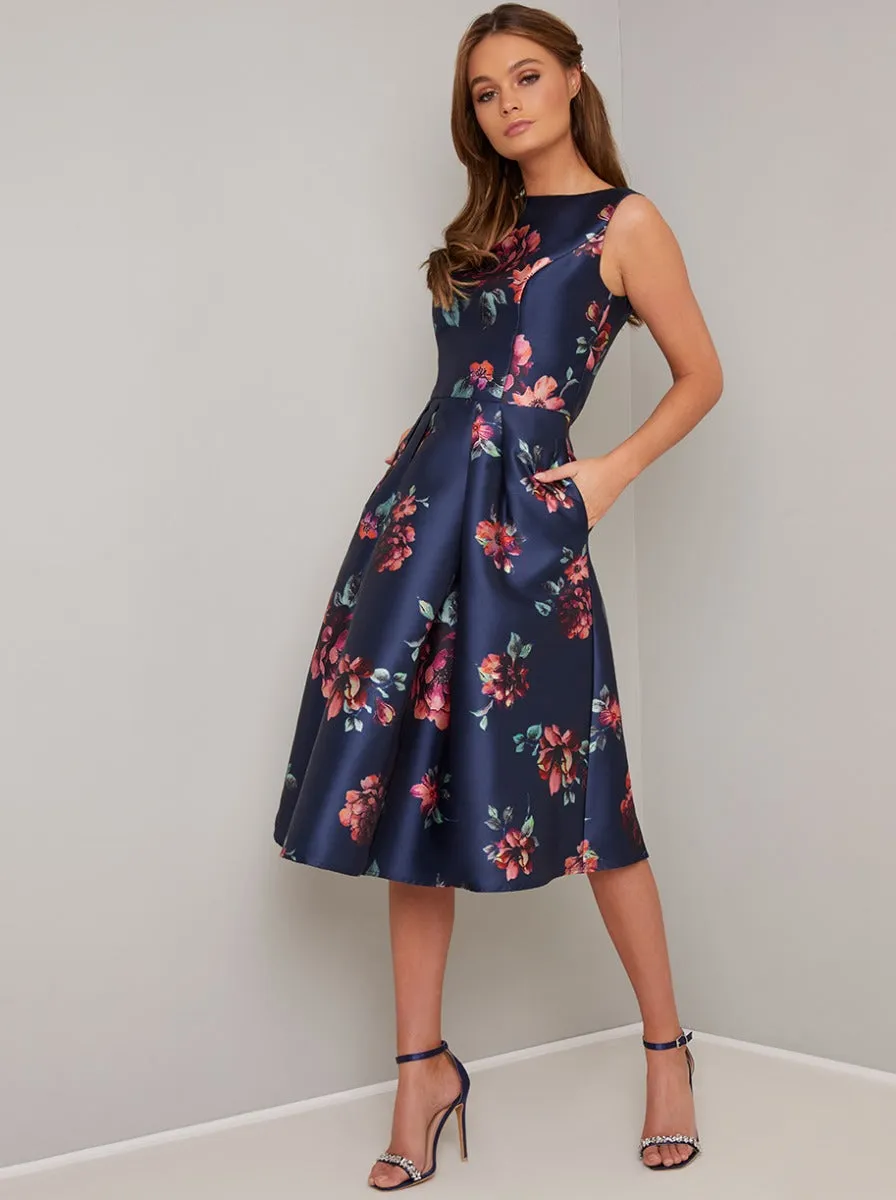 Sleevless Floral Print Midi Dress in Blue sold by Chi Chi London