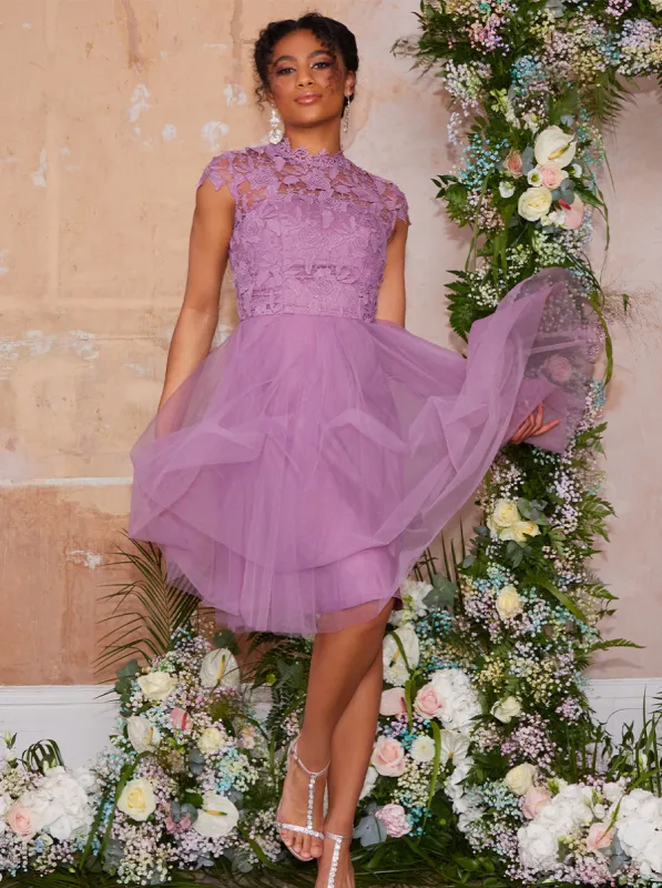 Lace Bodice Cut Out Midi Dress in Lilac sold by Chi Chi London