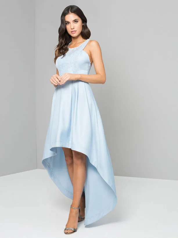 Floral Embroidered Dip Hem Dress in Blue sold by Chi Chi London