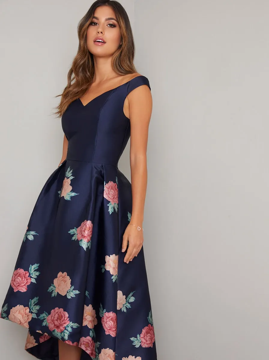 Floral Print Bardot Dip Hem Midi Dress in Blue sold by Chi Chi London product image thumbnail 2