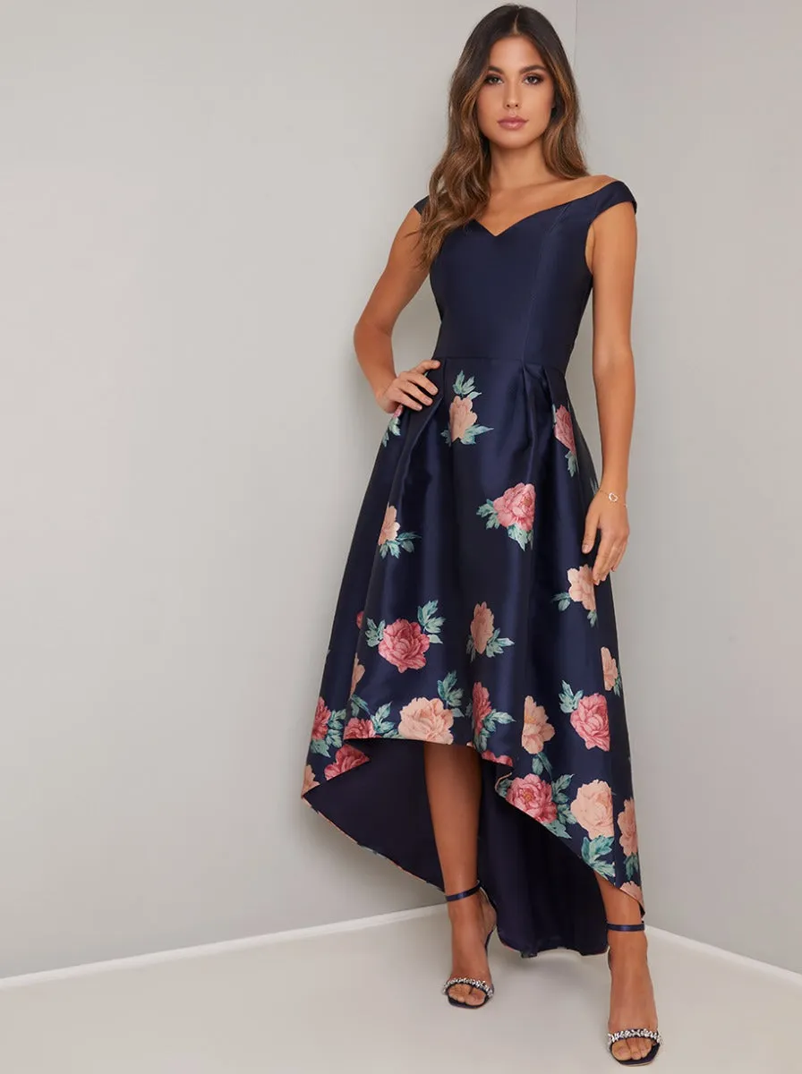 Floral Print Bardot Dip Hem Midi Dress in Blue sold by Chi Chi London