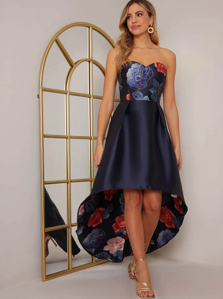 Strapless Dip Hem Floral Dress in Navy sold by Chi Chi London