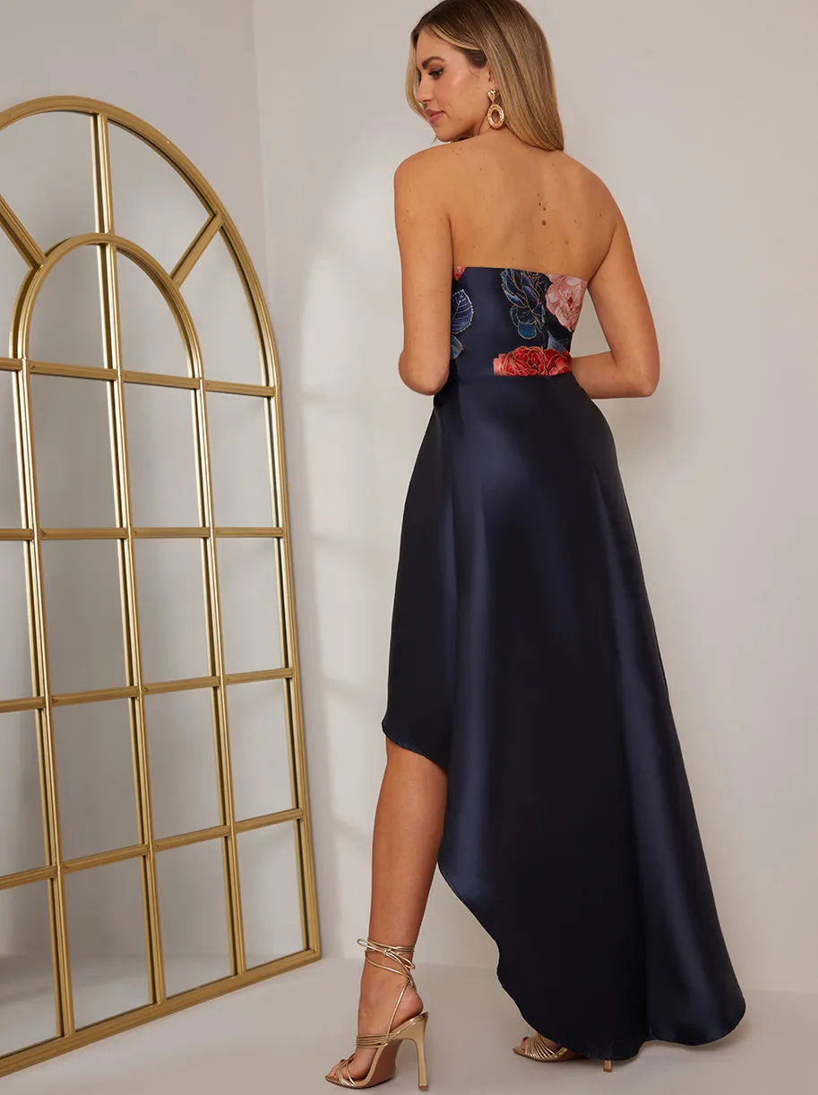 Strapless Dip Hem Floral Dress in Navy sold by Chi Chi London product image thumbnail 4