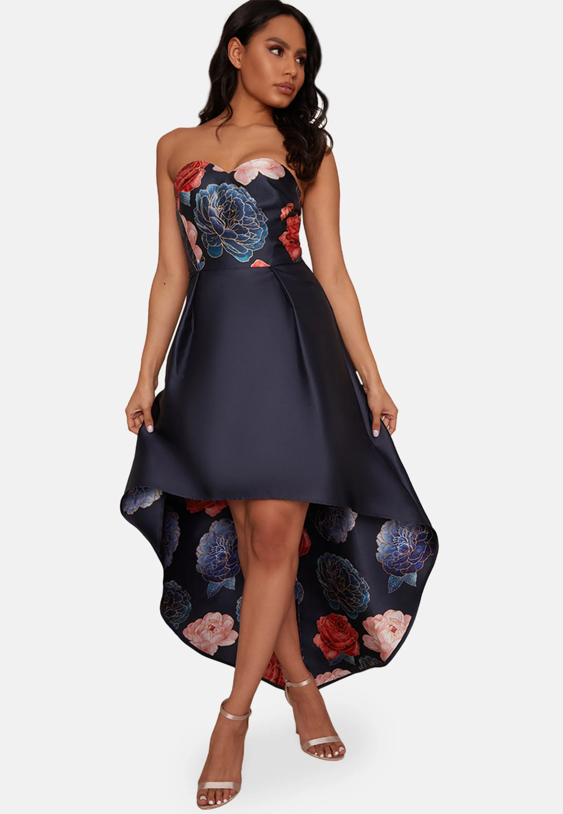 Strapless Dip Hem Floral Dress in Navy sold by Chi Chi London product image thumbnail 5