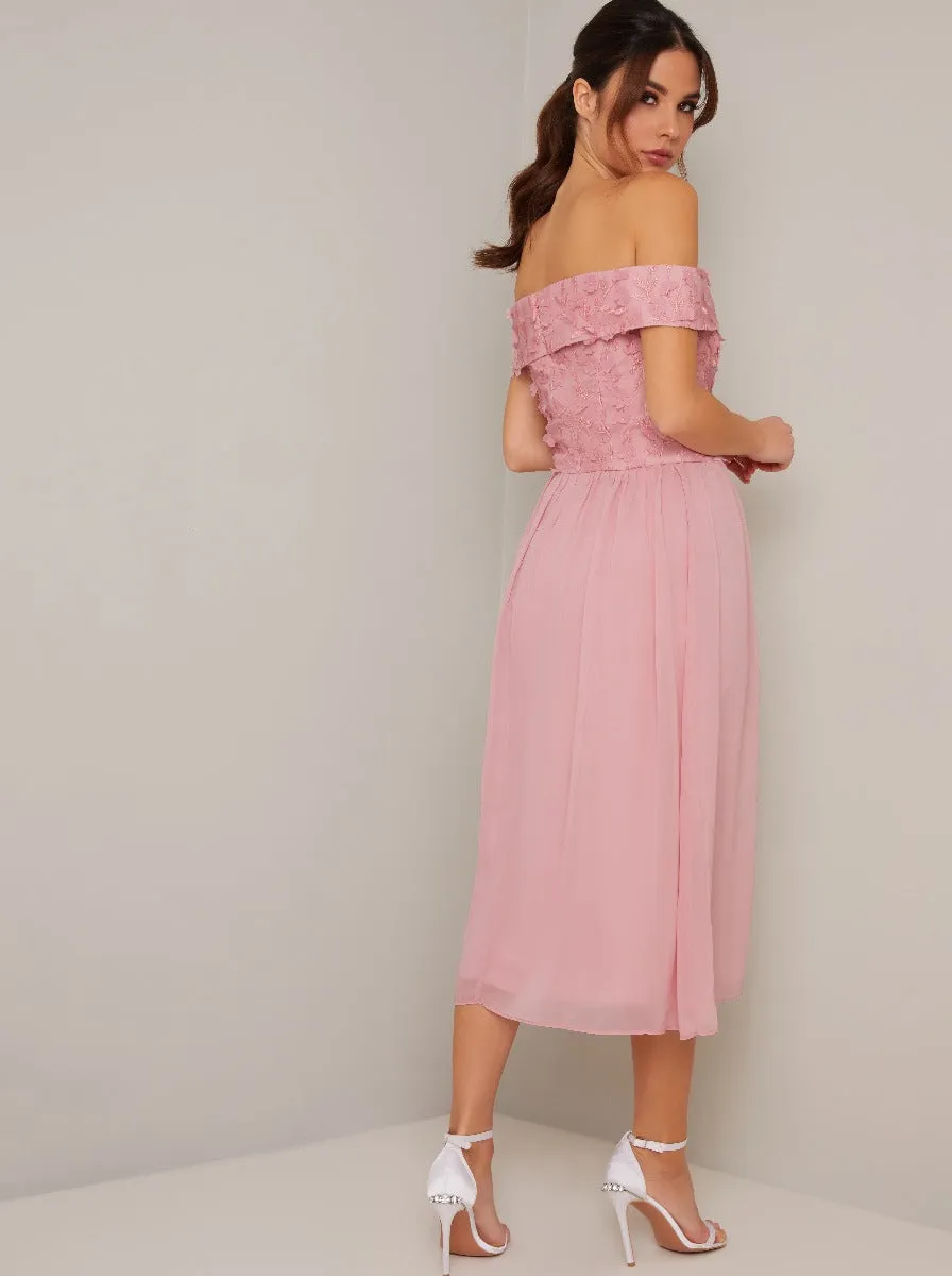 Bardot 3D Floral Detail Chiffon Midi Dress in Pink sold by Chi Chi London product image thumbnail 3