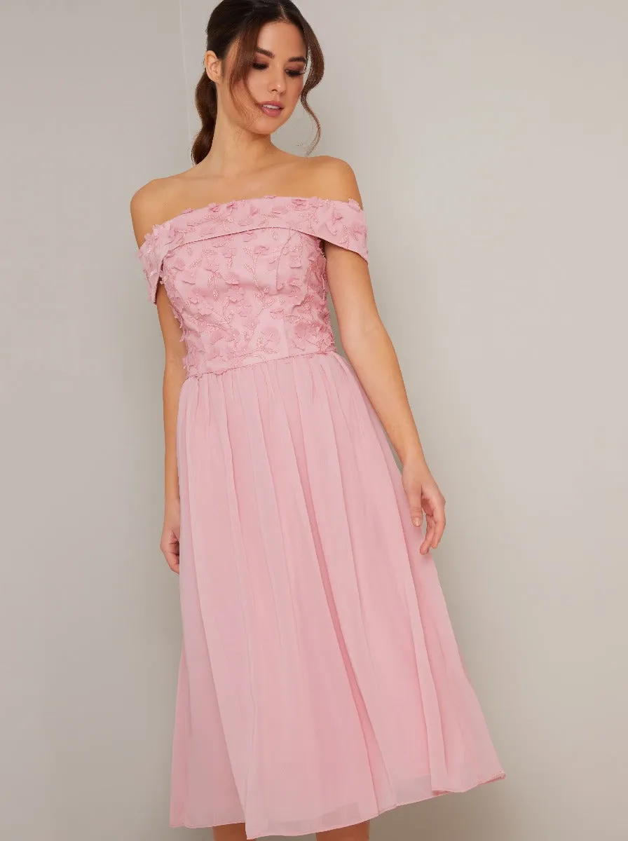 Bardot 3D Floral Detail Chiffon Midi Dress in Pink sold by Chi Chi London product image thumbnail 4