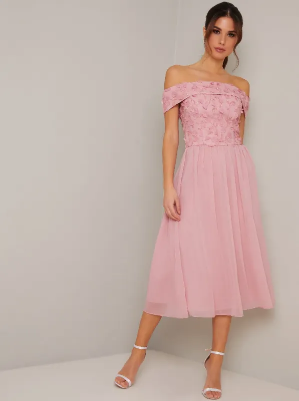 Bardot 3D Floral Detail Chiffon Midi Dress in Pink sold by Chi Chi London