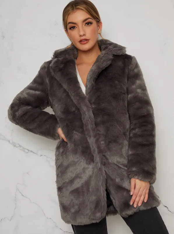 Faux Fur 3/4 Length Coat In Grey sold by Chi Chi London