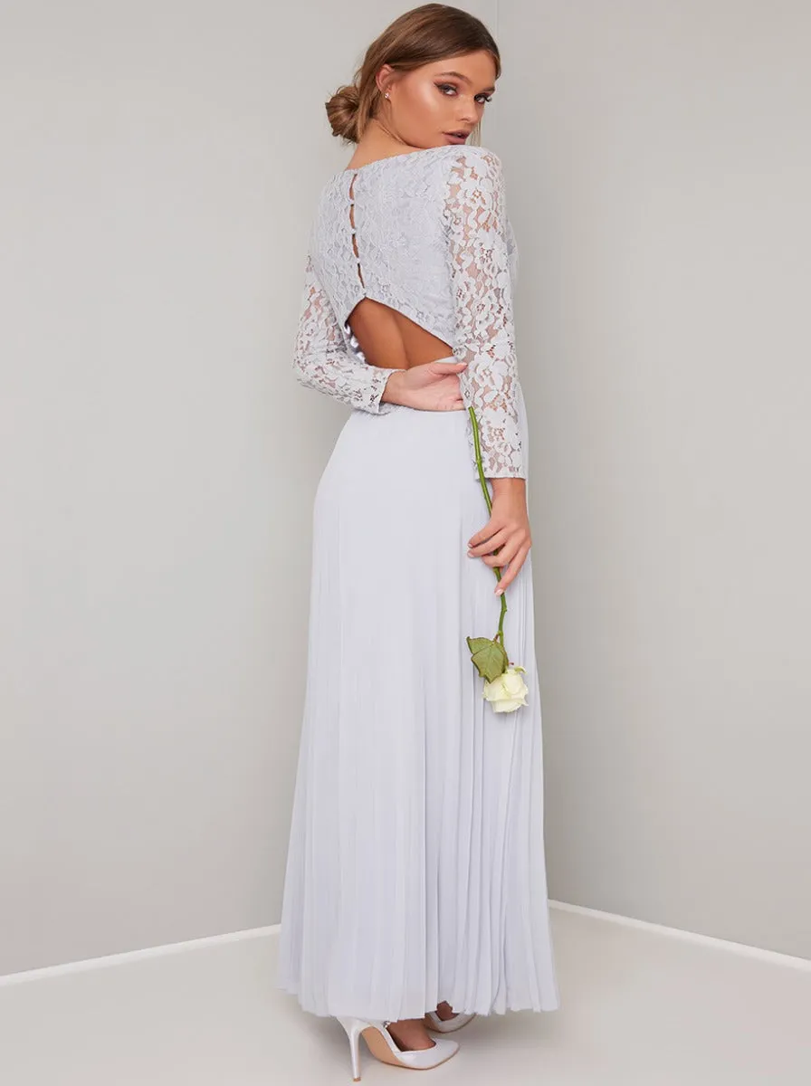 Long Sleeved Lace Pleated Maxi Dress in Blue sold by Chi Chi London product image thumbnail 3