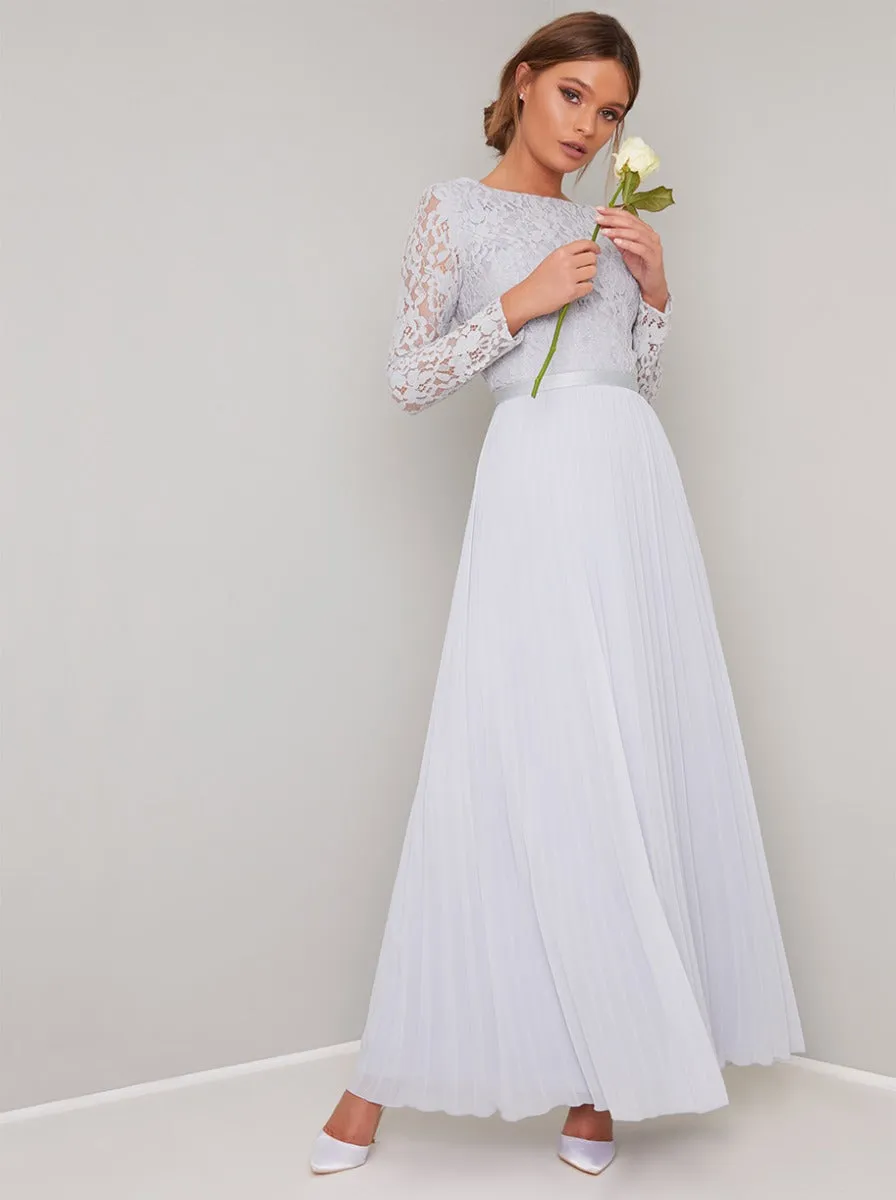 Long Sleeved Lace Pleated Maxi Dress in Blue sold by Chi Chi London