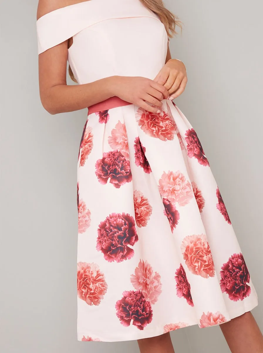 Bardot Neck Floral Print Midi Dress in Pink sold by Chi Chi London product image thumbnail 2