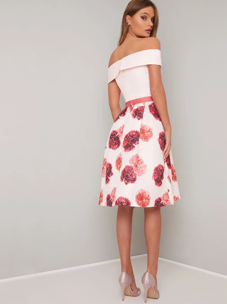 Bardot Neck Floral Print Midi Dress in Pink sold by Chi Chi London product image thumbnail 3