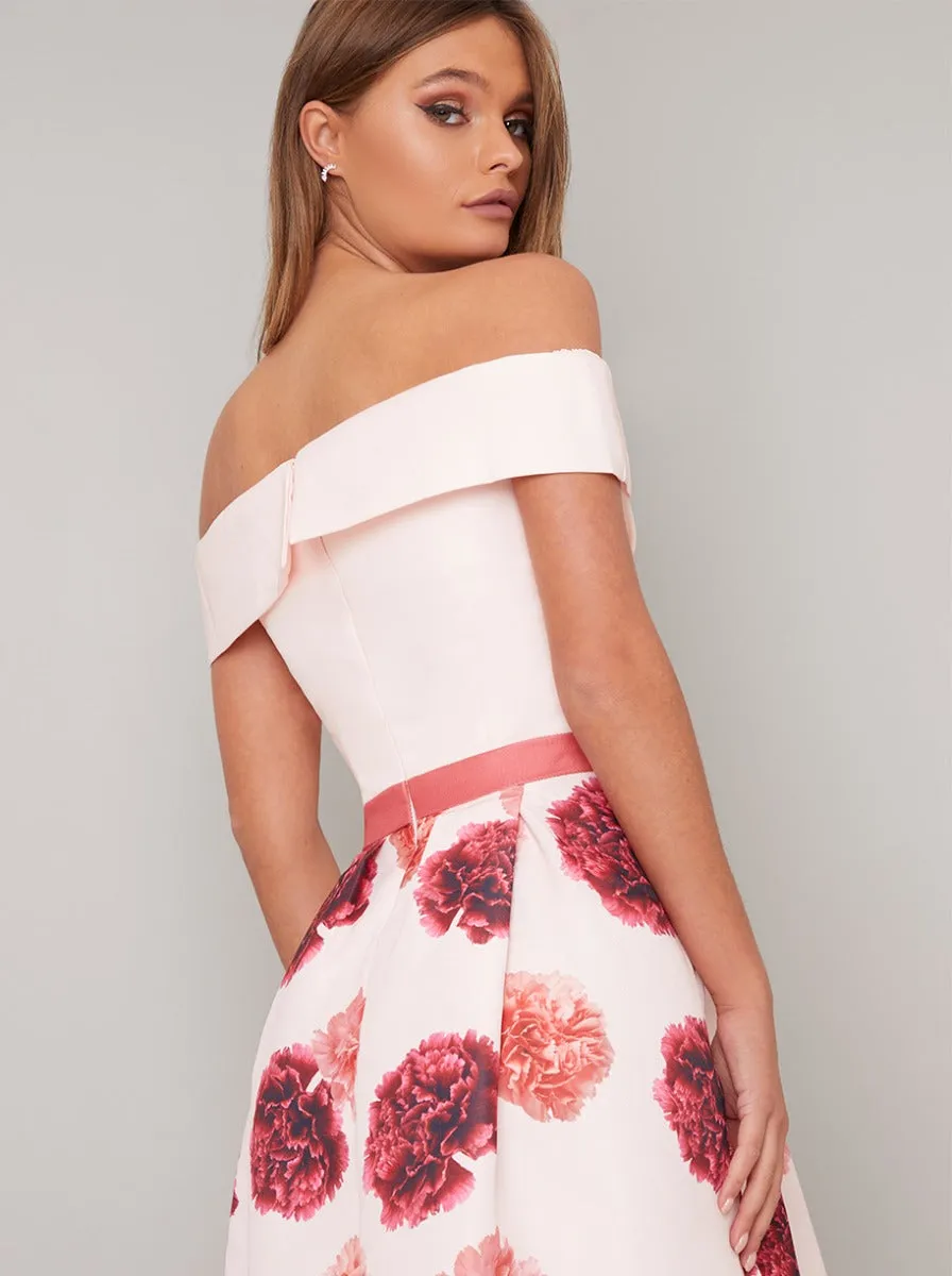 Bardot Neck Floral Print Midi Dress in Pink sold by Chi Chi London product image thumbnail 4