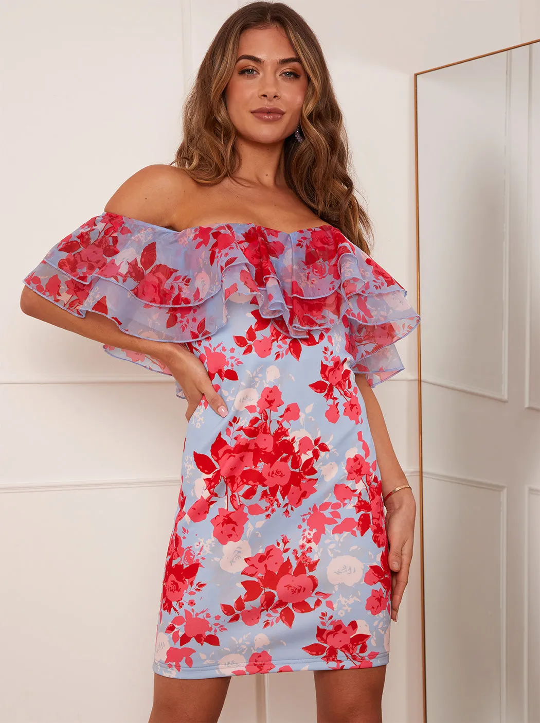 Organza Ruffle Floral Print Bodycon Mini Dress in Blue sold by Chi Chi London