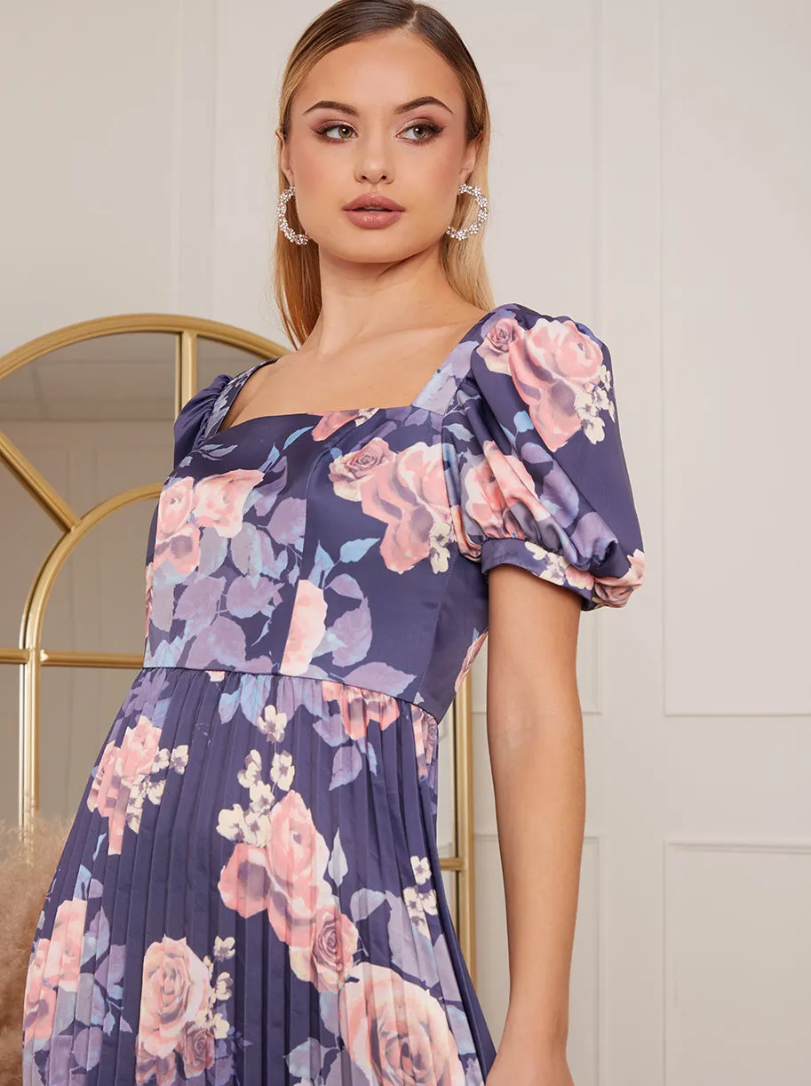 Petite Floral Print Pleated Midi Skater Dress in Navy sold by Chi Chi London product image thumbnail 2