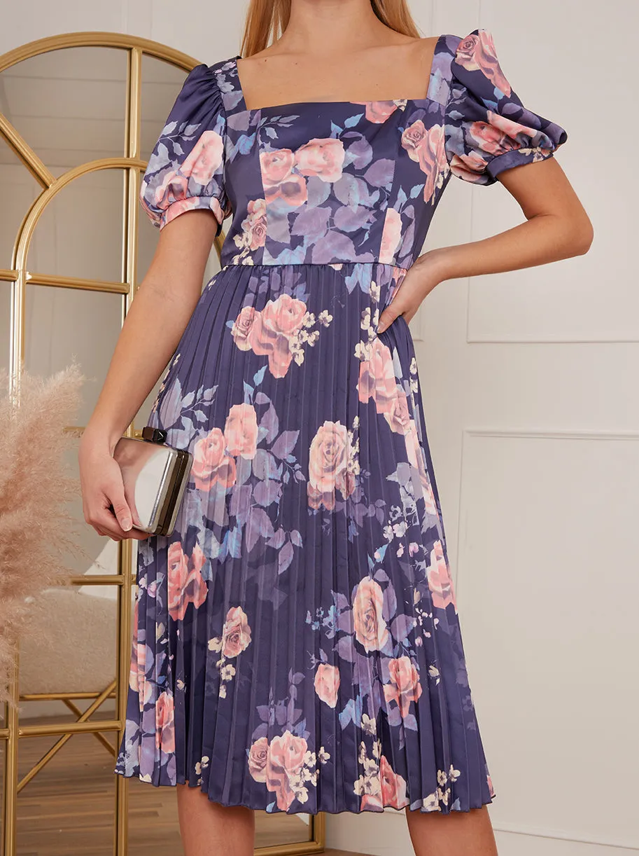 Petite Floral Print Pleated Midi Skater Dress in Navy sold by Chi Chi London product image thumbnail 4
