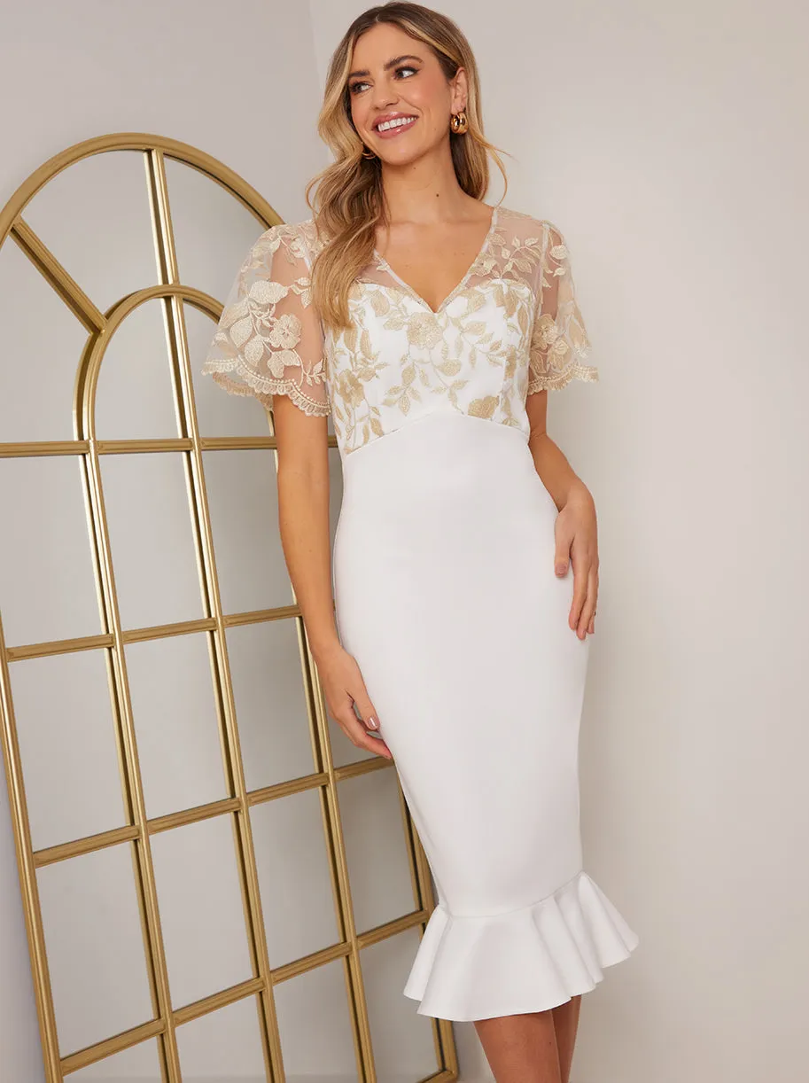 V Neck Embroidered Bodycon Dress in White sold by Chi Chi London product image thumbnail 3