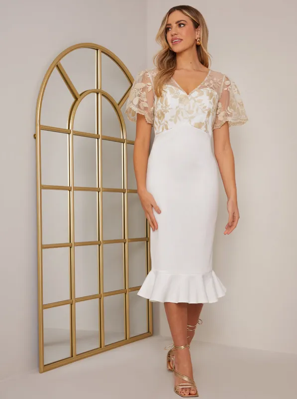 V Neck Embroidered Bodycon Dress in White sold by Chi Chi London