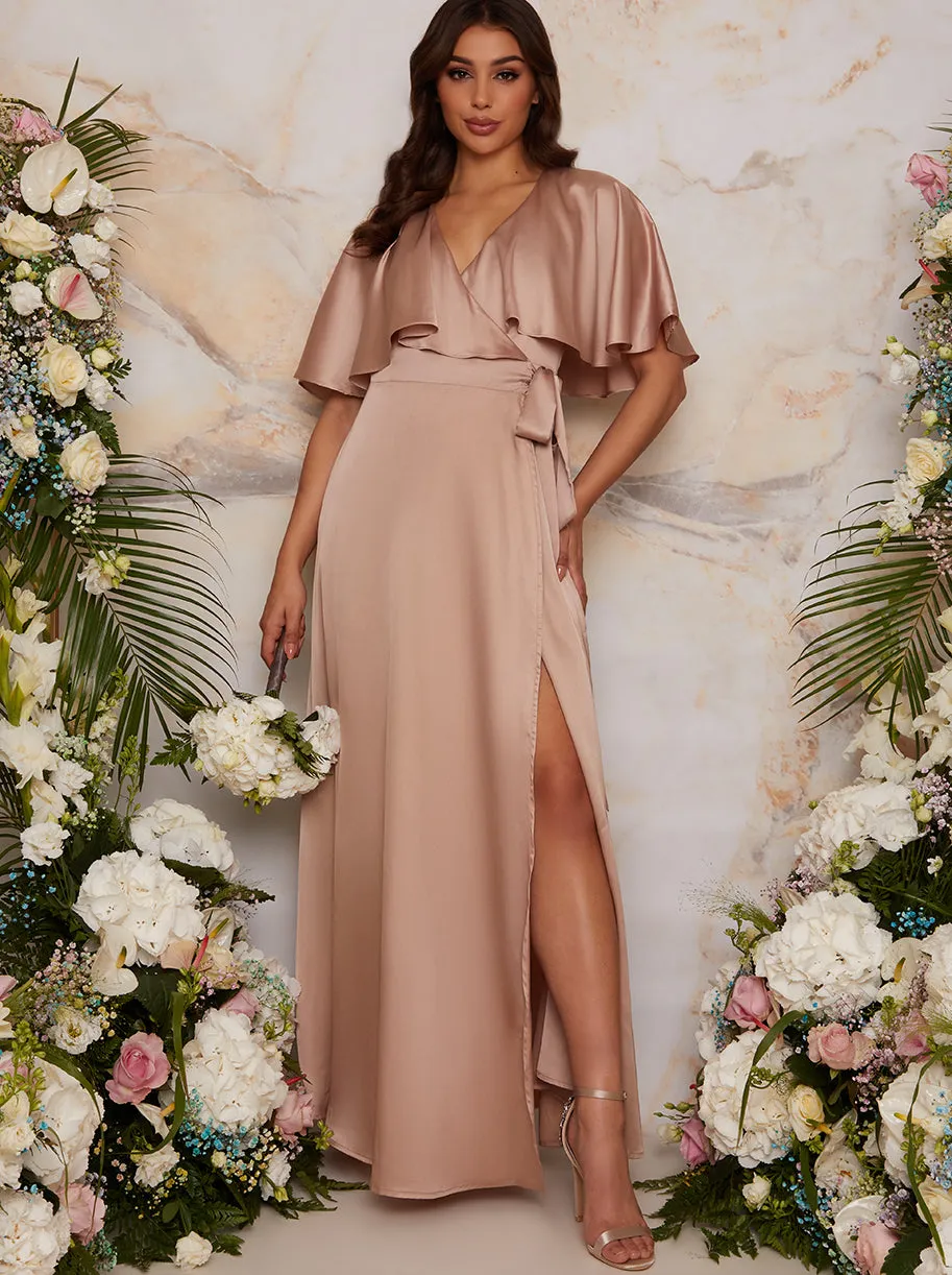 Angel Sleeve Wrap Design Bridesmaid Maxi Dress in Champagne sold by Chi Chi London product image thumbnail 4
